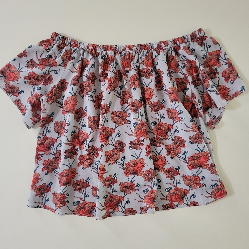 ASTR The Label Red Poppy Print Off Shoulder Crop Top Blouse - Picture 14 of 16